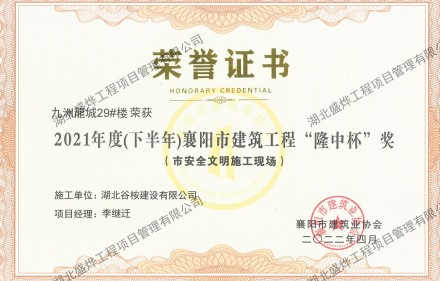九州龍城29#楼“隆中杯”奖（市安全文明施工现场）