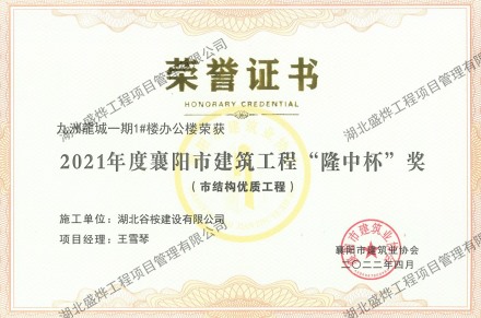 九州龍城1#楼办公楼“隆中杯”奖（市结构优质工程）