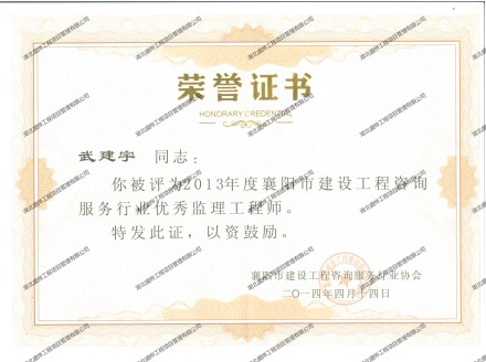 武建宇--2013年度襄阳市建设工程咨询服务行业优秀监理工程师