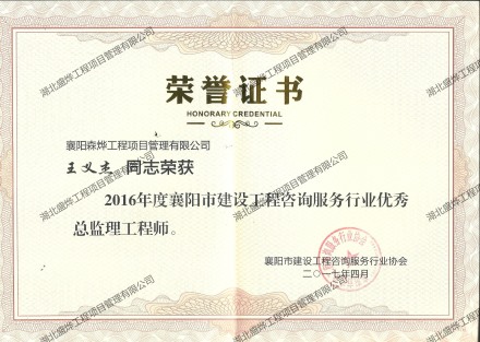 王义杰--2016年度襄阳市建设工程咨询服务行业优秀监理工程师